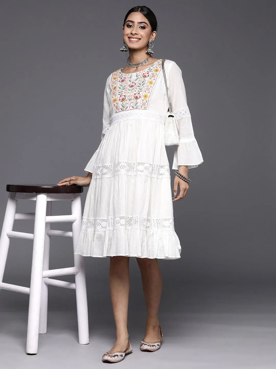 White Embroidered Cotton Fit and Flare Dress - Libas 