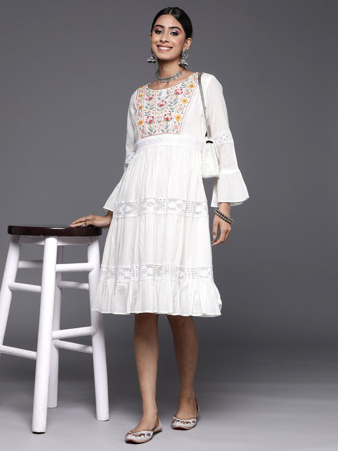 White Embroidered Cotton Fit and Flare Dress - Libas