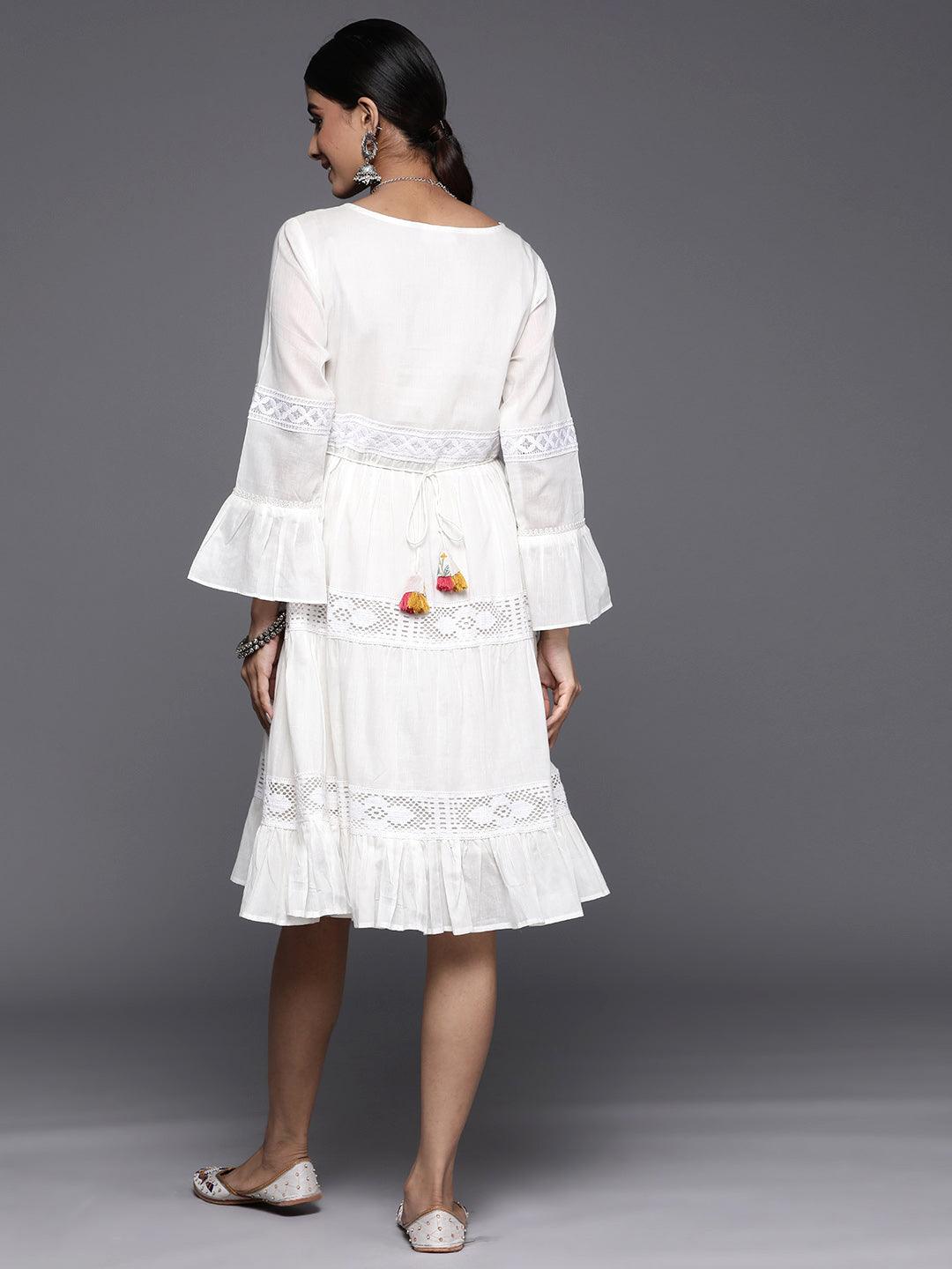 White Embroidered Cotton Fit and Flare Dress