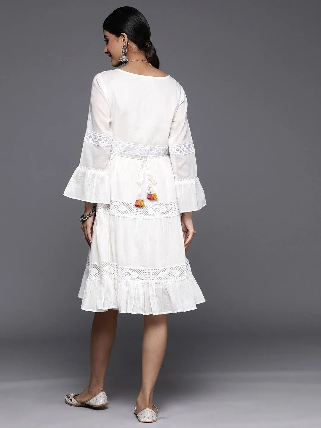 White Embroidered Cotton Fit and Flare Dress - Libas 