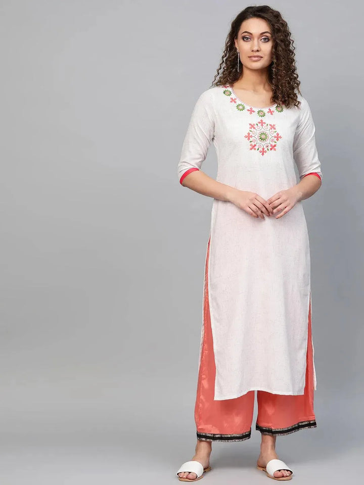 White Embroidered Cotton Kurta - Libas