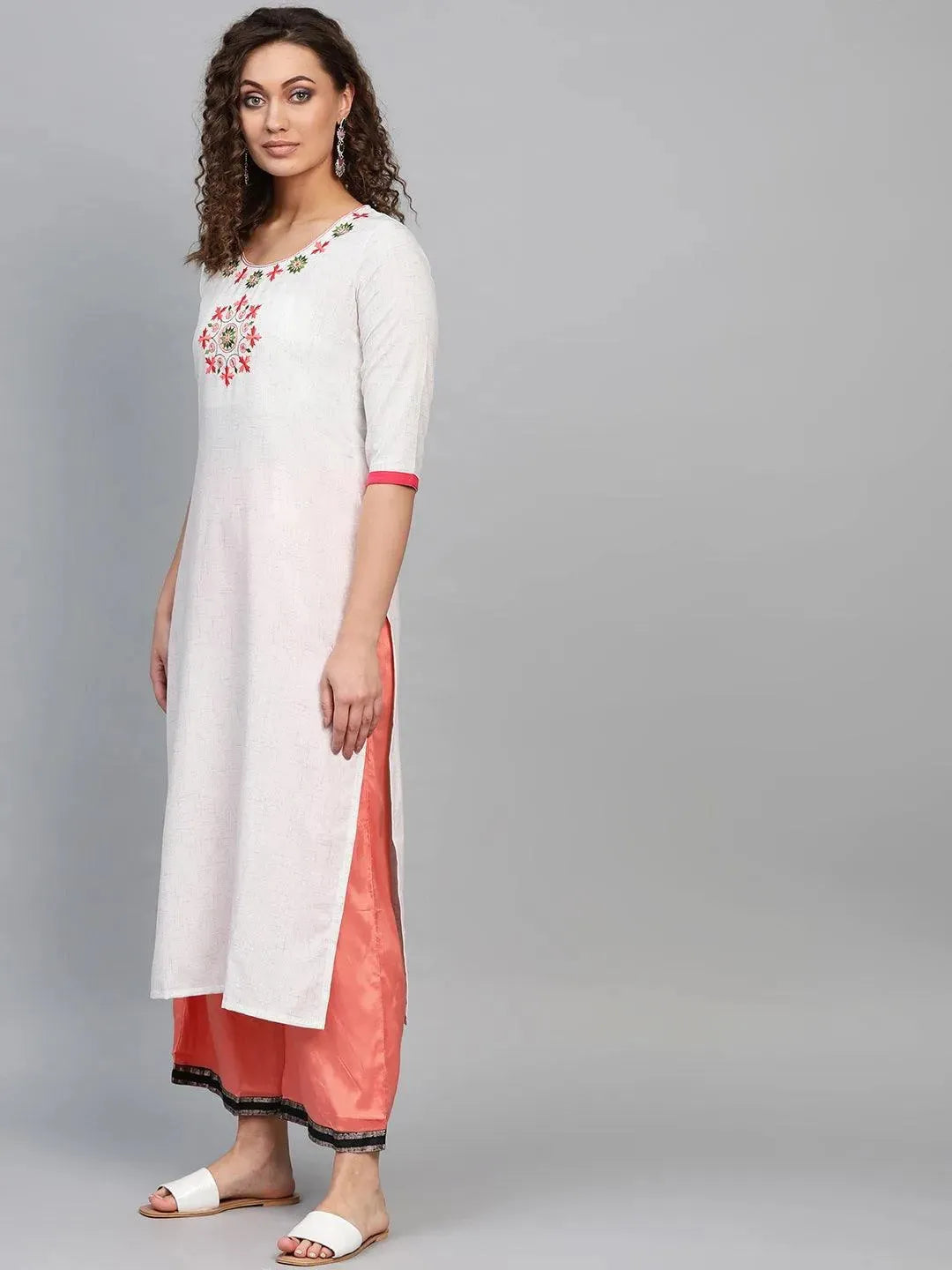 White Embroidered Cotton Kurta - Libas 