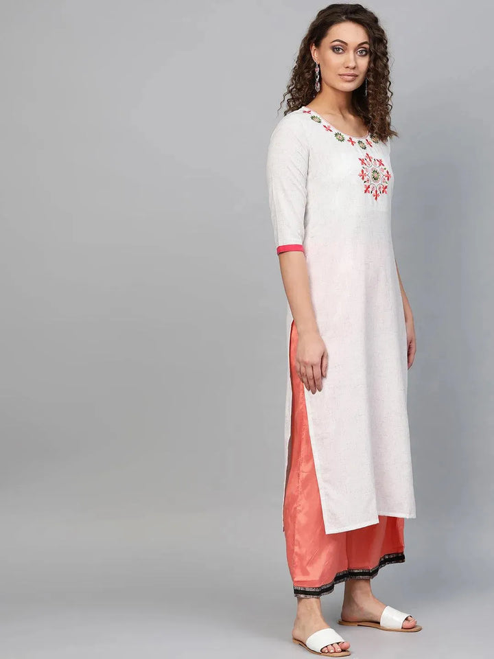 White Embroidered Cotton Kurta - Libas