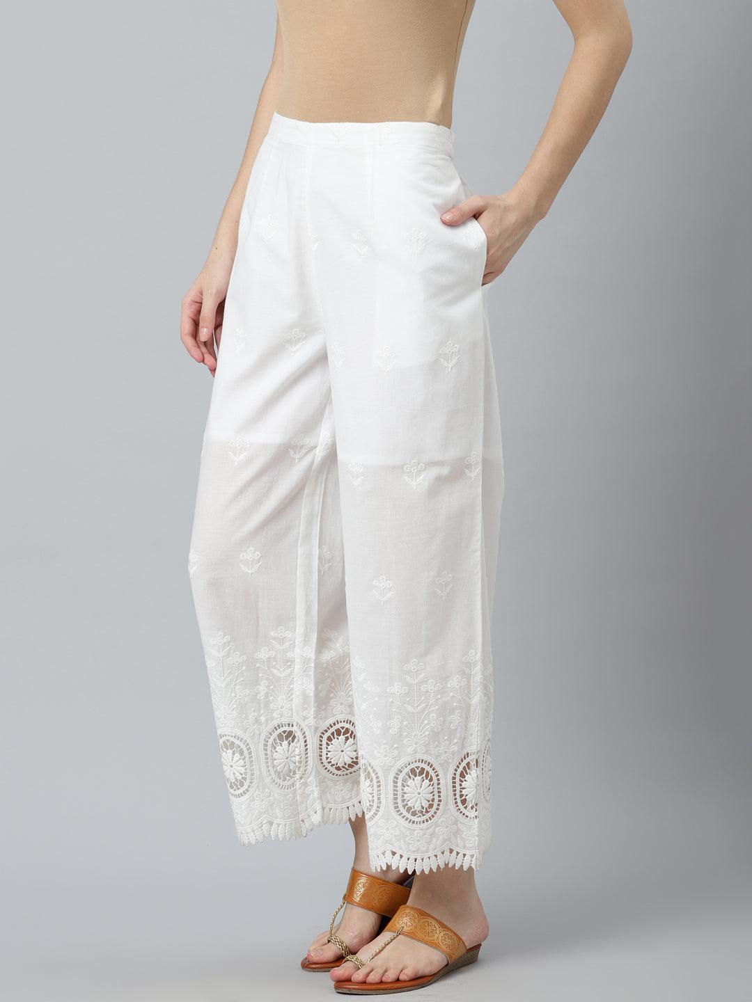 White Embroidered Cotton Palazzos - Libas