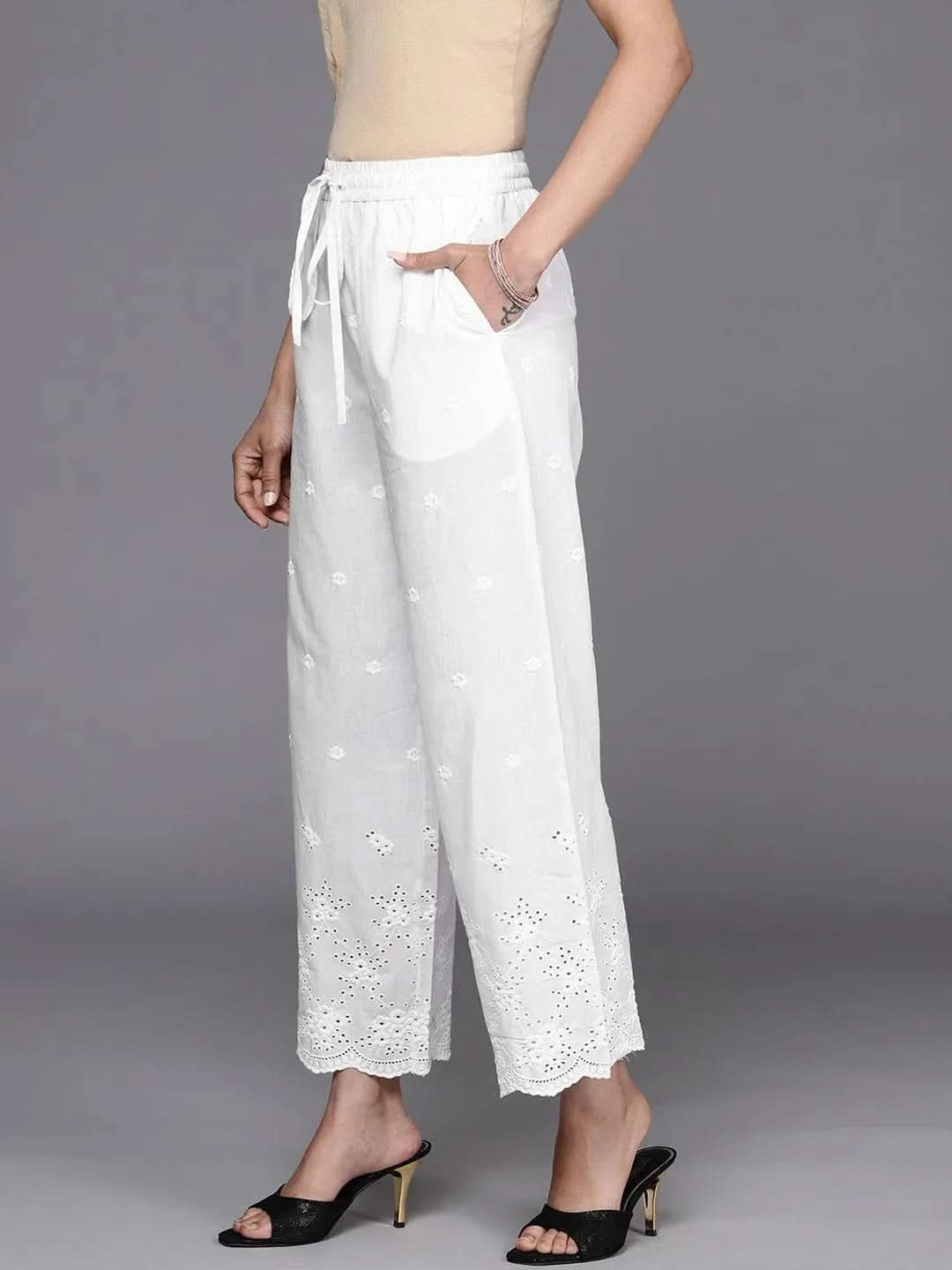 White Embroidered Cotton Palazzos - Libas 