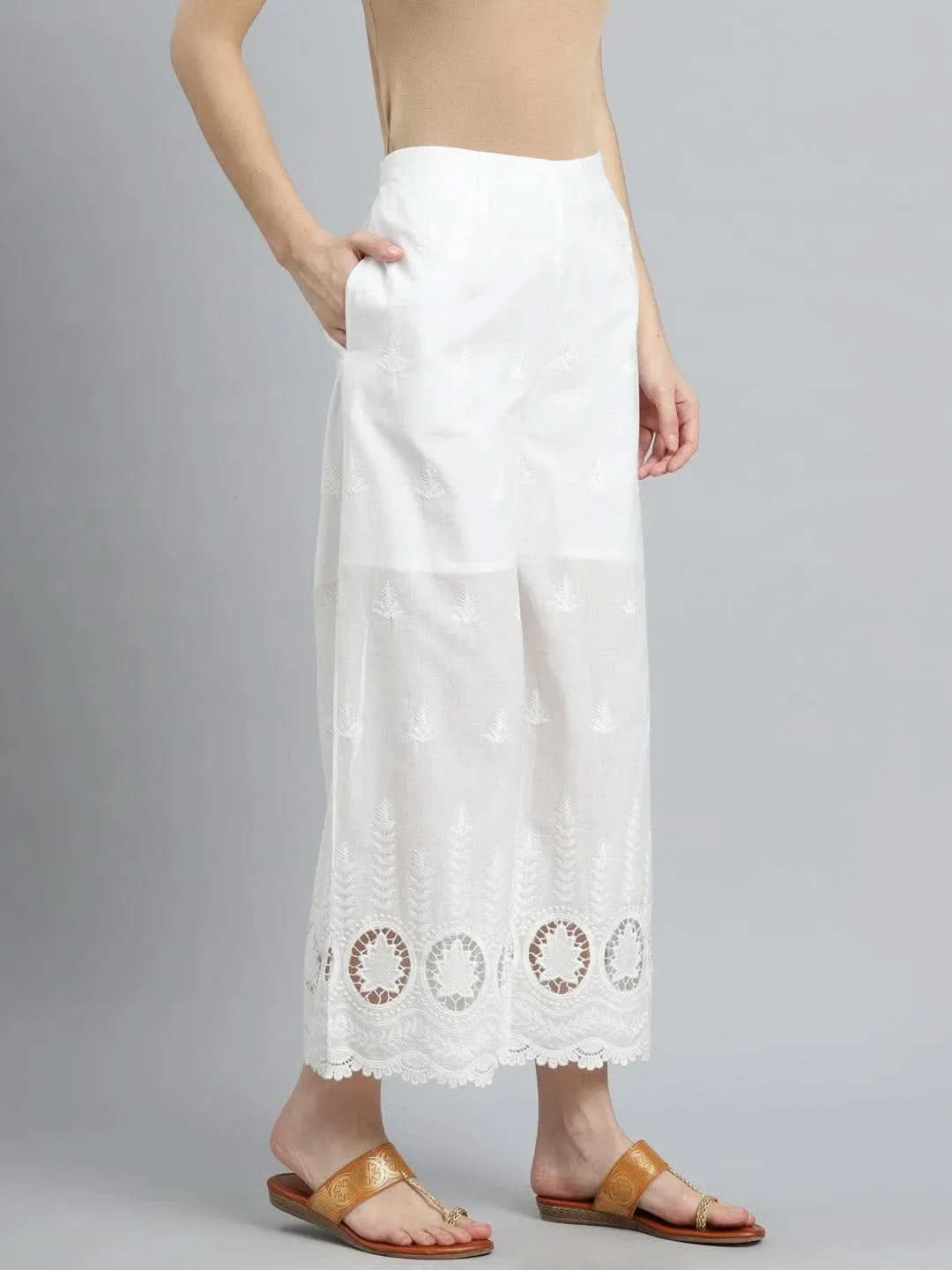 

White Embroidered Cotton Palazzos