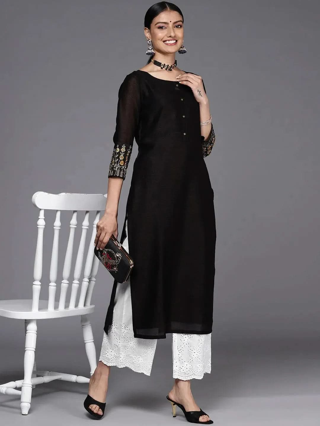 White Embroidered Cotton Palazzos - Libas 