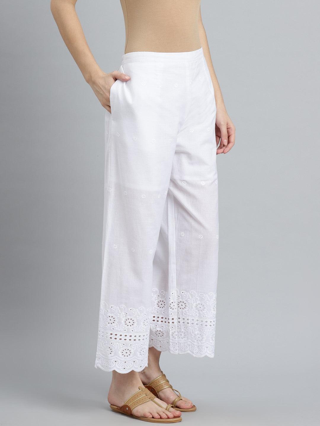 Off white cotton straight pants with dori embroidery at hem. (Pants) – Kora  India