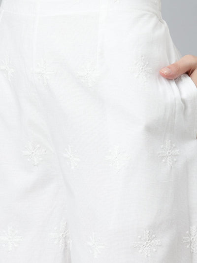 White Embroidered Cotton Palazzos - Libas