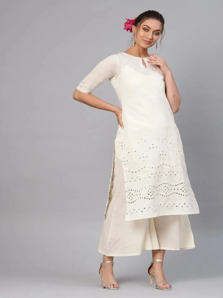 Libas White Embroidered Cotton Straight Kurta With Palazzos