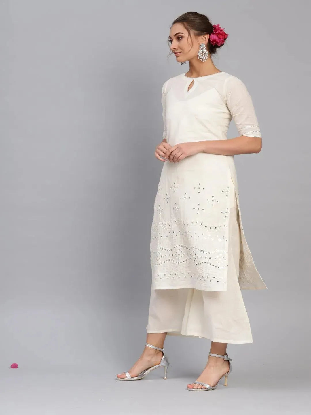 White Embroidered Cotton Kurta Set - Libas 