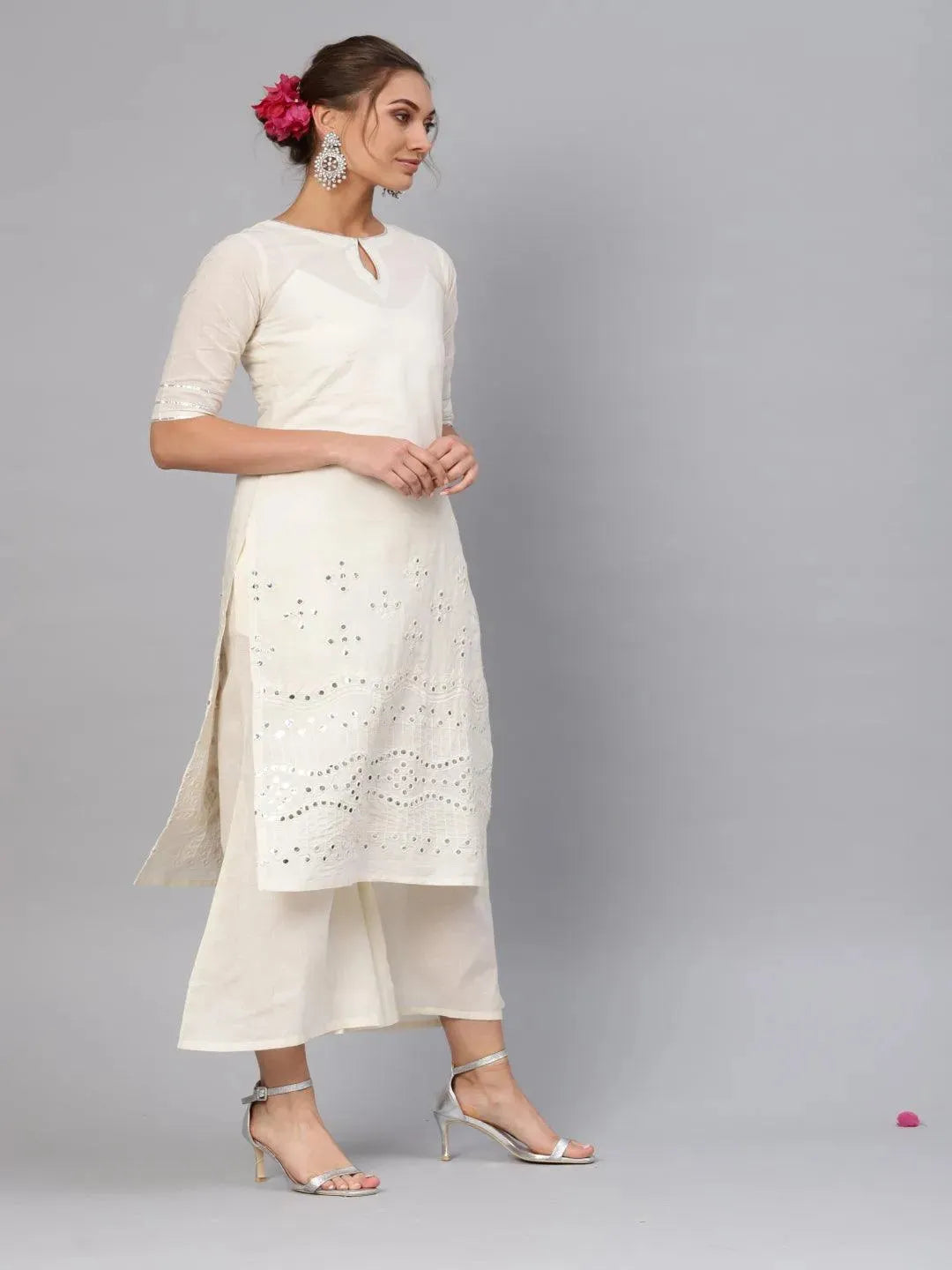 White Embroidered Cotton Kurta Set - Libas 