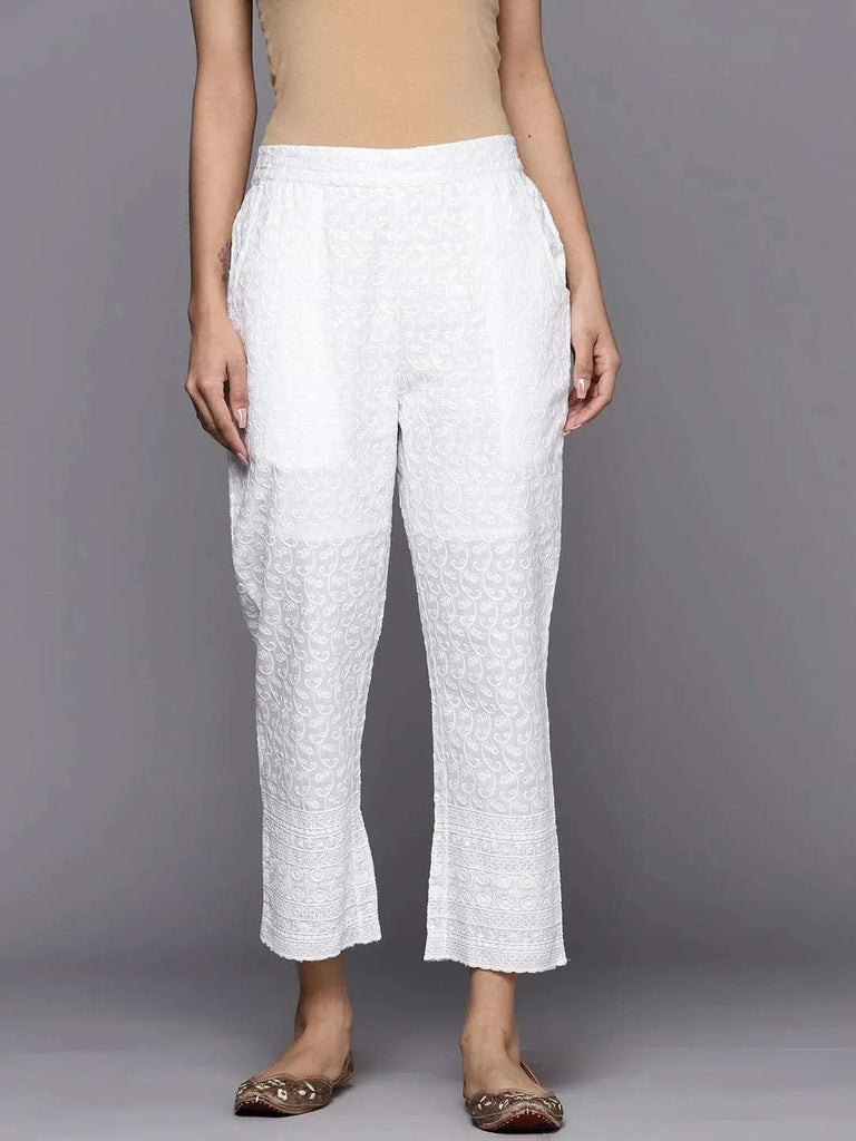 Libas White Embroidered Cotton Trousers
