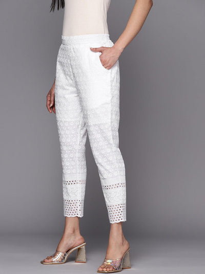 White Embroidered Cotton Trousers - Libas