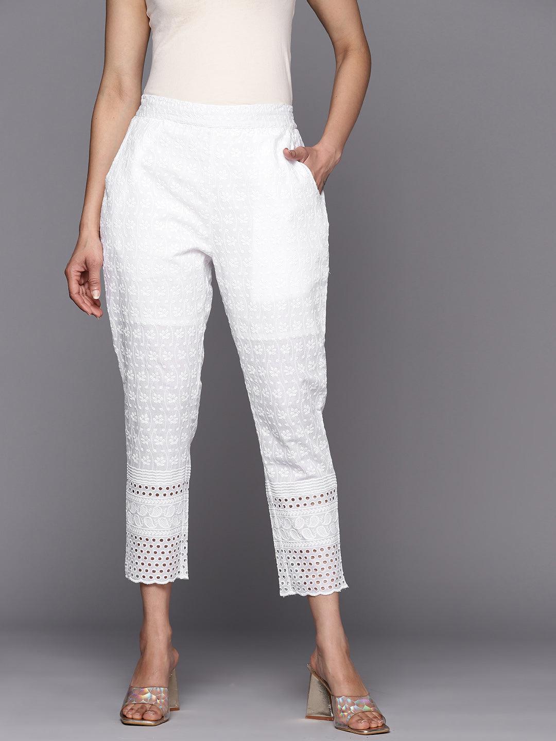 White Embroidered Cotton Trousers - Libas