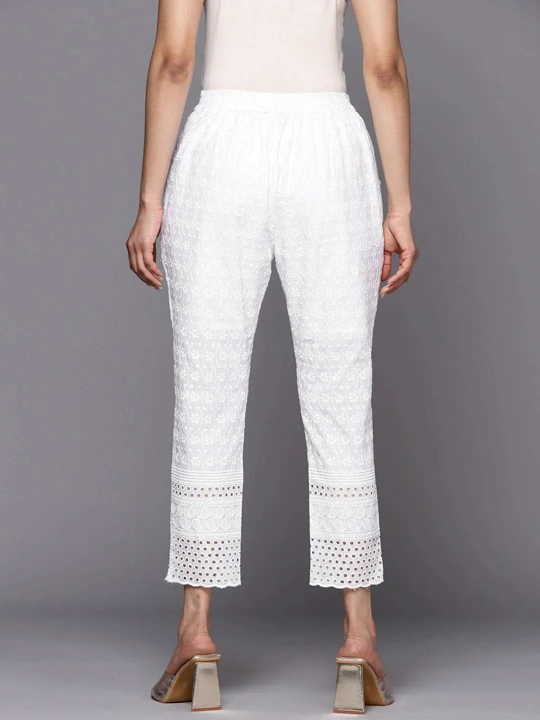 White Embroidered Cotton Trousers - Libas 