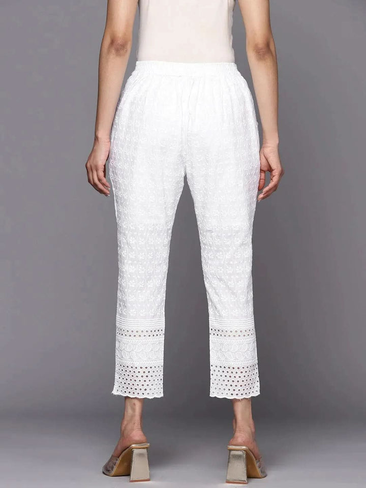 White Embroidered Cotton Trousers - Libas