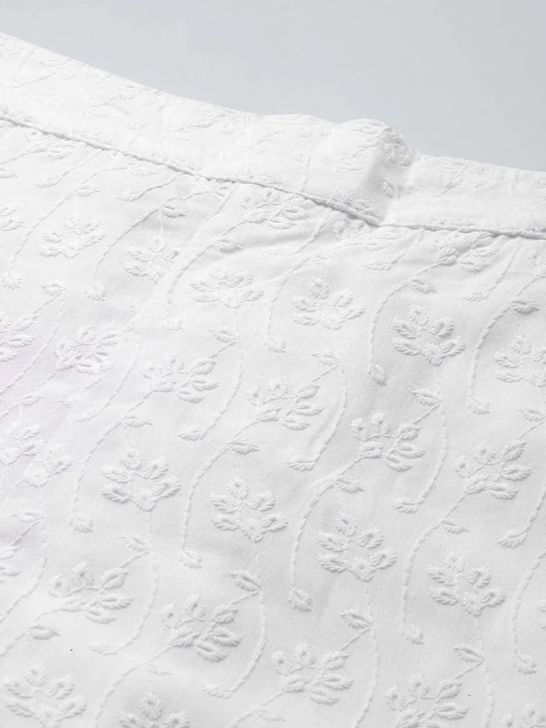 White Embroidered Cotton Trousers - Libas 