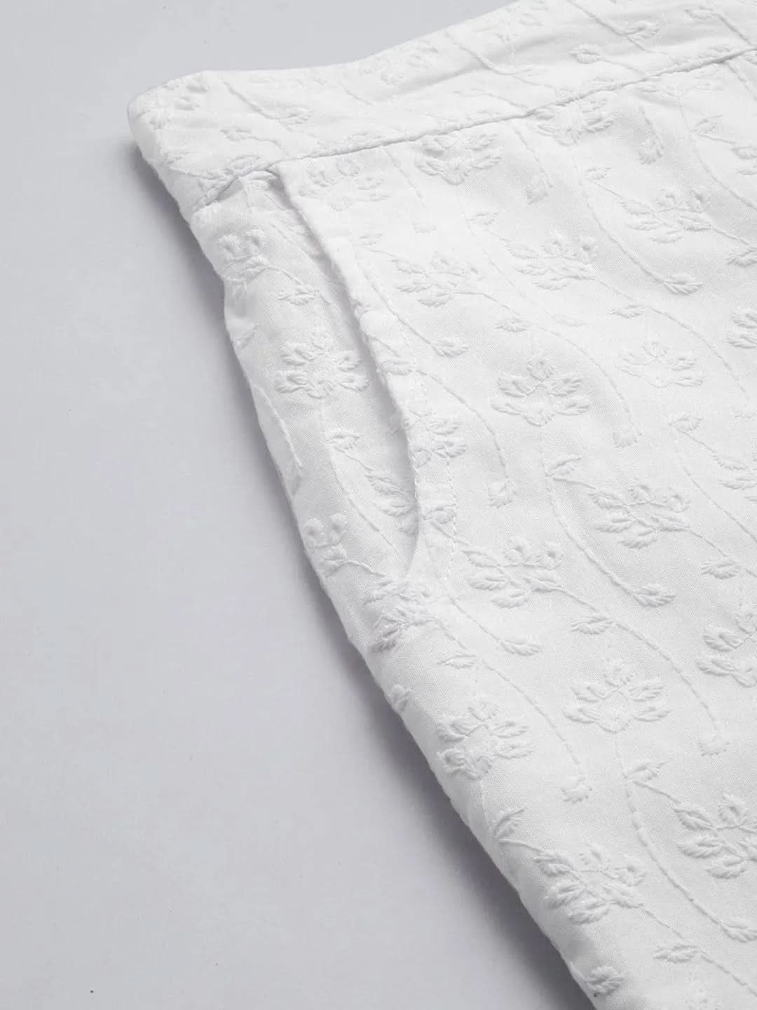White Embroidered Cotton Trousers - Libas 