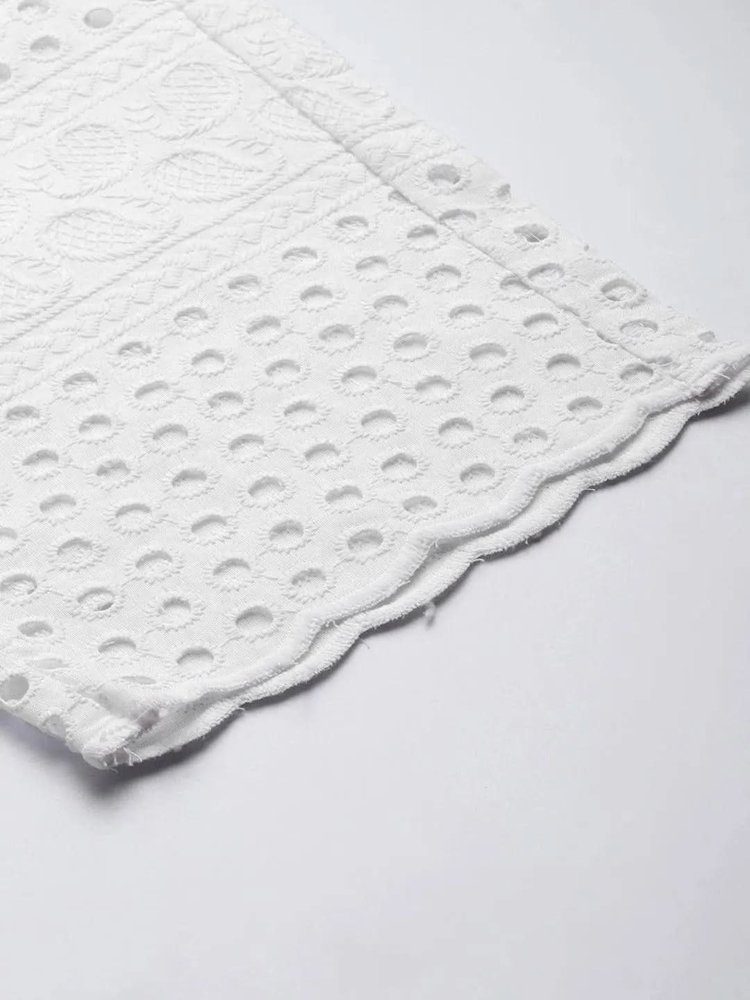 White Embroidered Cotton Trousers - Libas 