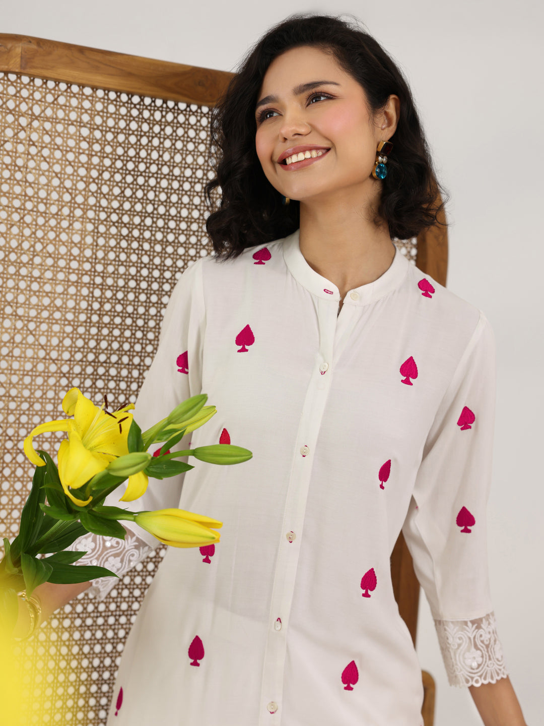  White Embroidered Rayon Straight Kurta Set 