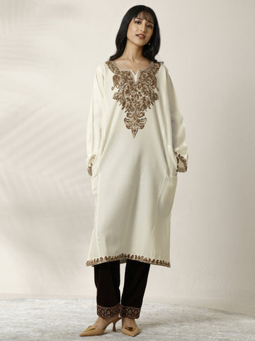White Embroidered Wool Straight Kurta