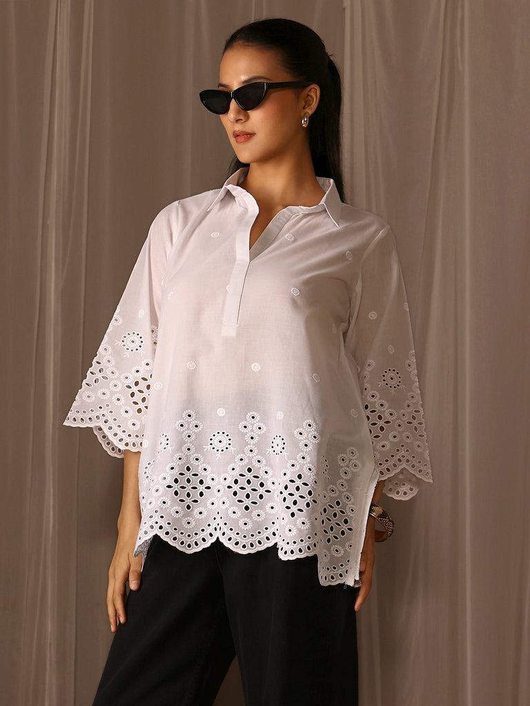 Libas White Ethnic Motifs Embroidered Cotton Blend Straight Short Kurti