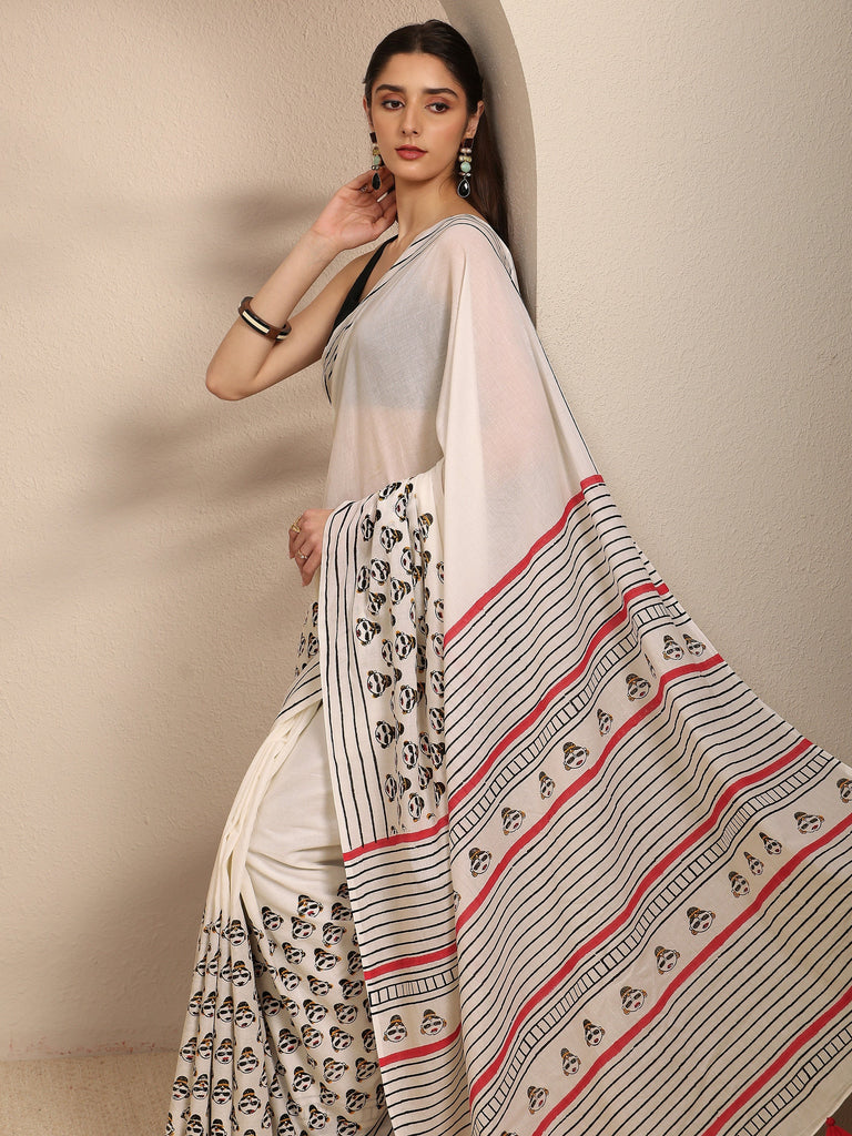 Libas White Ethnic Motifs Printed Cotton Blend Saree With Unstitched Blouse Piece
