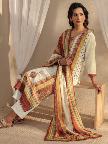 White Ethnic Printed Cotton Blend Straight Suit Set With Dupatta