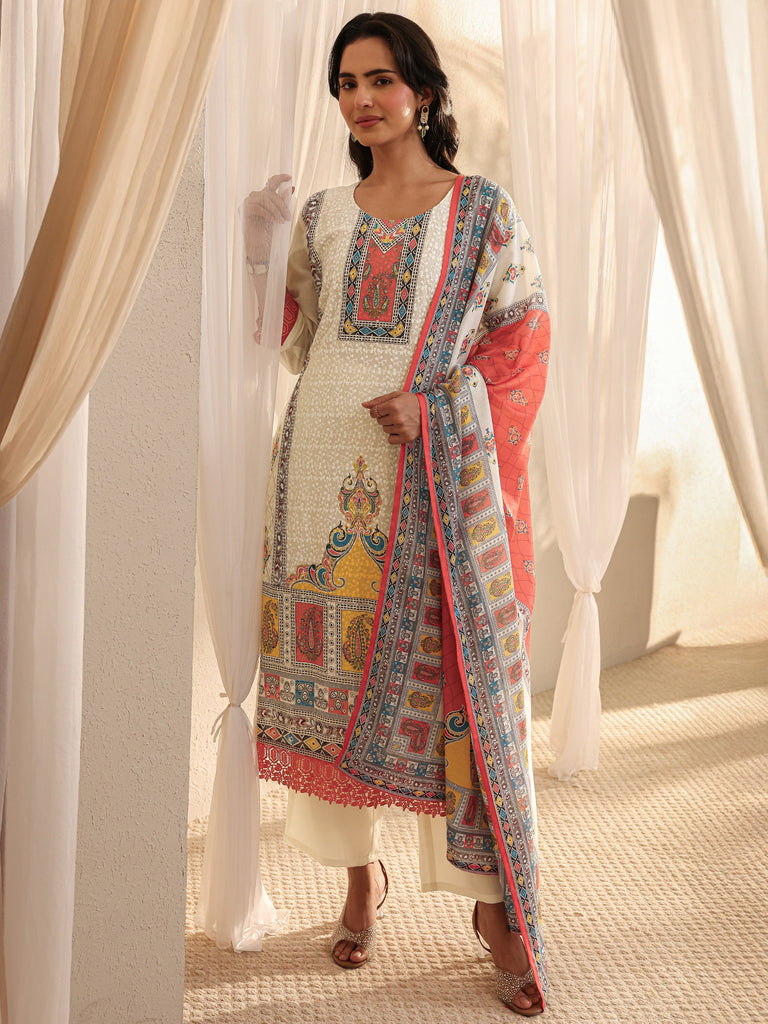 Libas White Ethnic Printed Cotton Blend Straight Suit Set With Dupatta