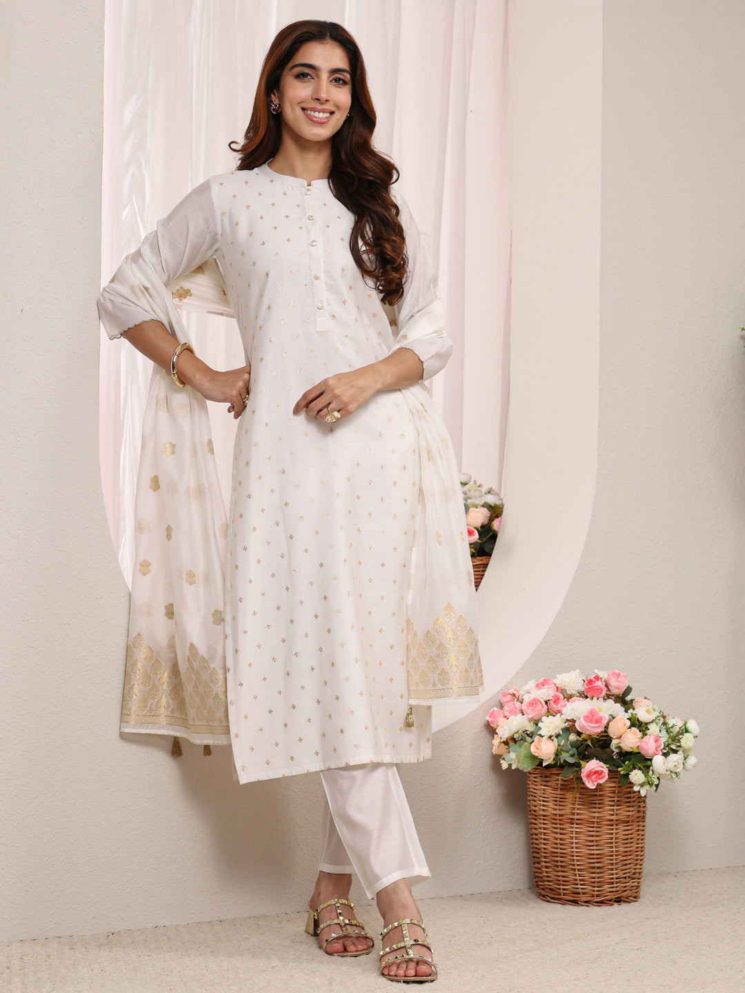  White Ethnic Woven Design Chanderi Silk Straight Suit Set With Dupatta 