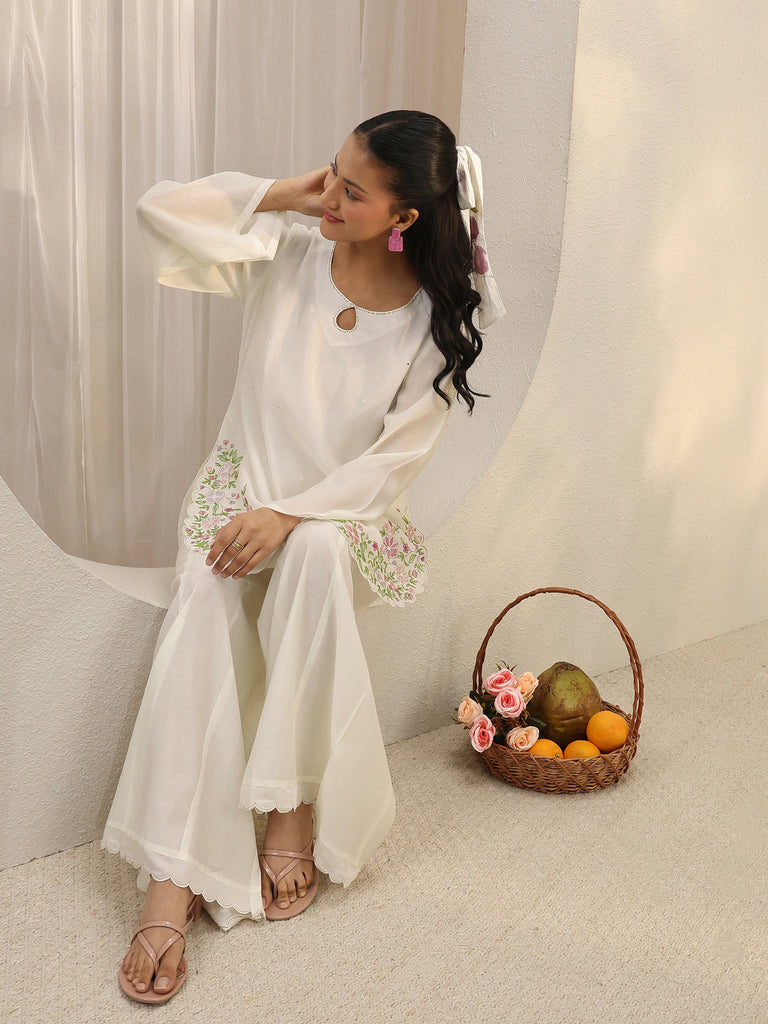 Libas White Floral Embroidered Chanderi Silk Co-Ord Set