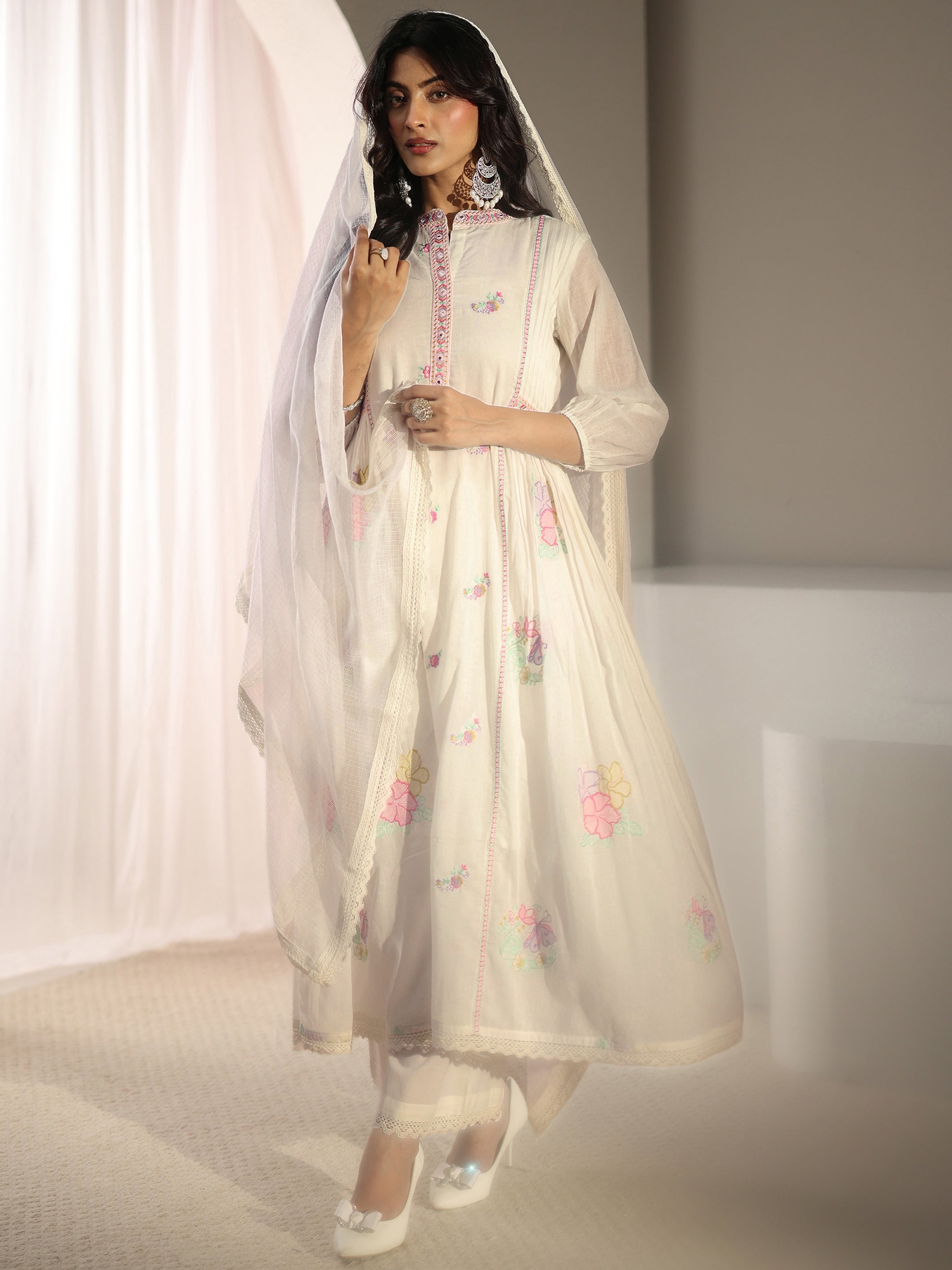 White Floral Embroidered Cotton Blend A-Line Suit Set With Dupatta-image-46
