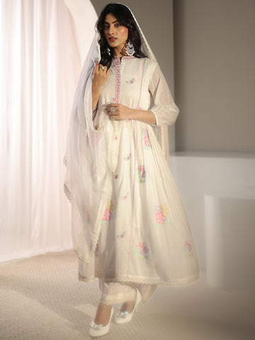 White Floral Embroidered Cotton Blend A-Line Suit Set With Dupatta