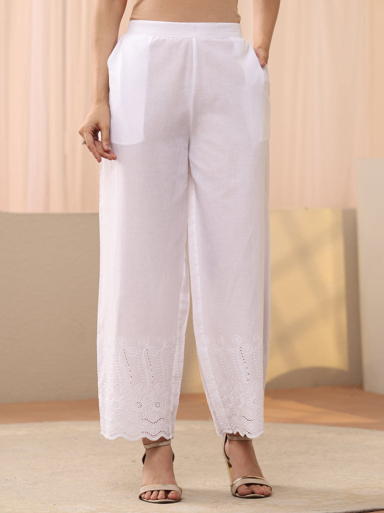 Libas White Schiffli Embroidered Cotton Straight Pants