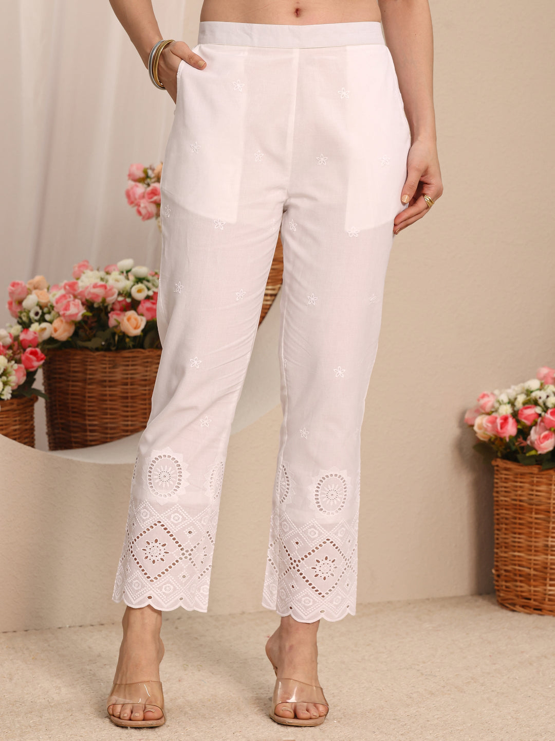  White Floral Embroidered Schiffli Design Cotton Trouser 