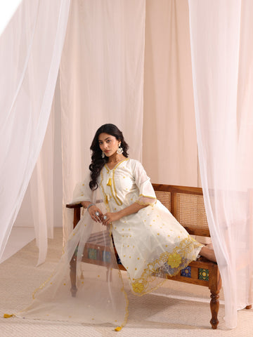 White Floral Embroidered Silk Blend A-Line Suit Set