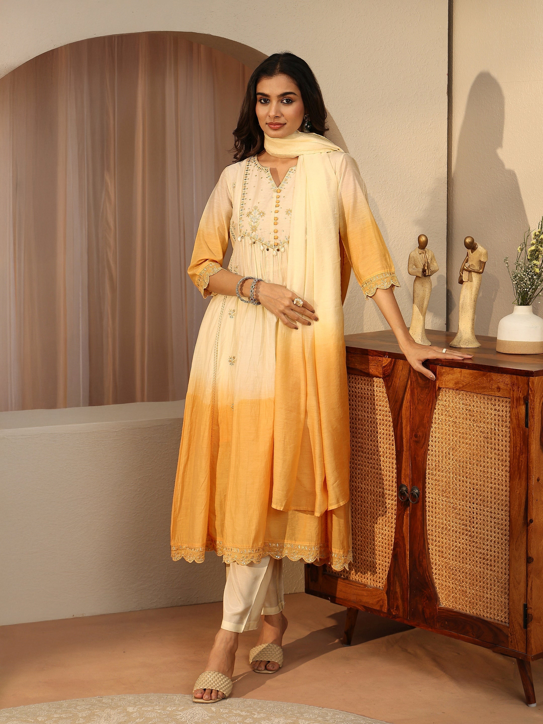 libas White Floral Embroidered Silk blend Straight Suit Set-picture-16