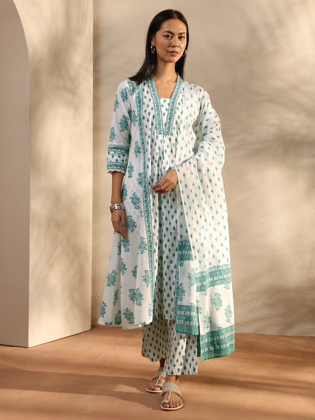 White Floral Printed Cotton A-Line Suit Set With Dupatta