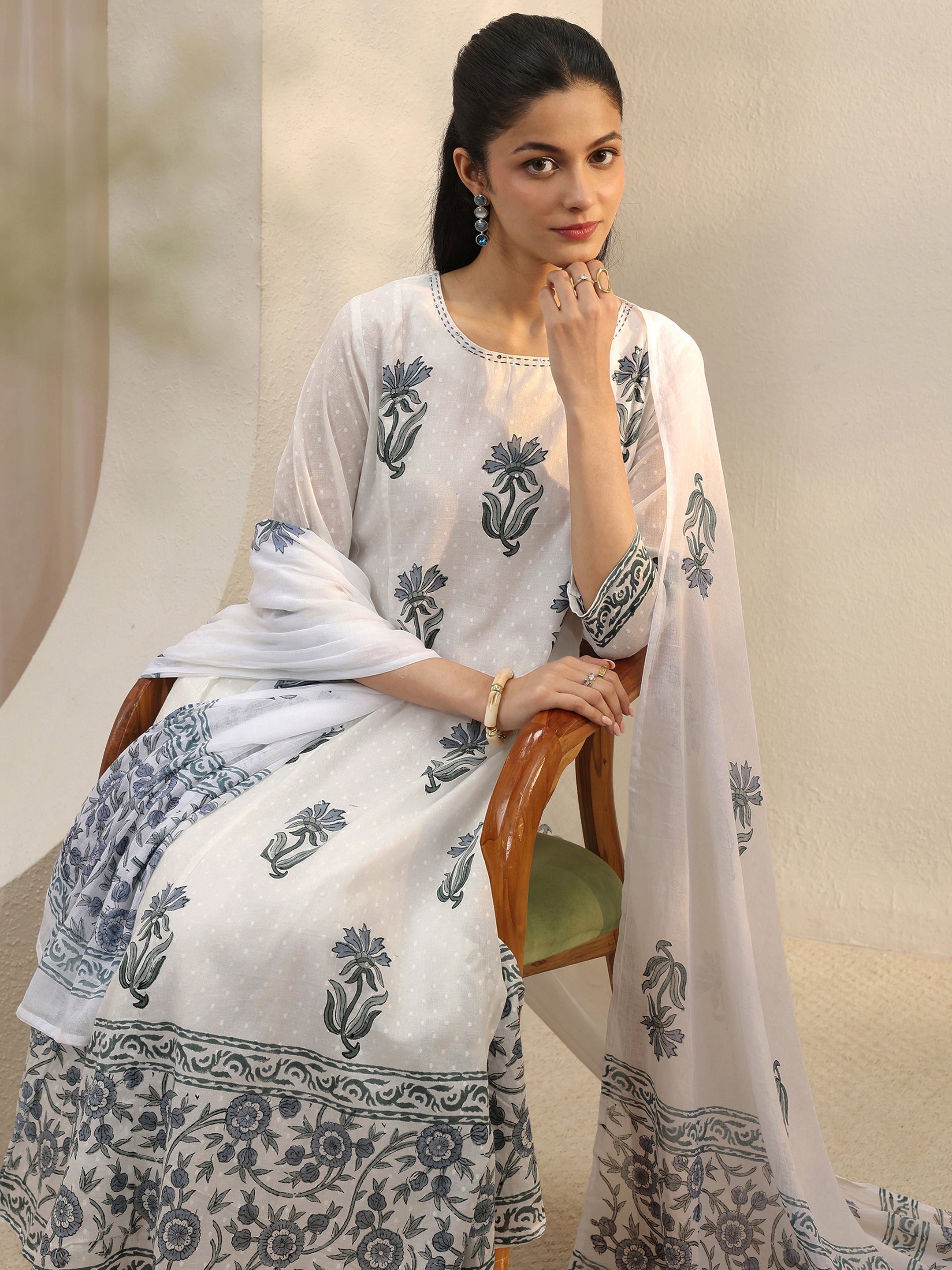 White Floral Printed Cotton Anarkali Suit Set-image-45