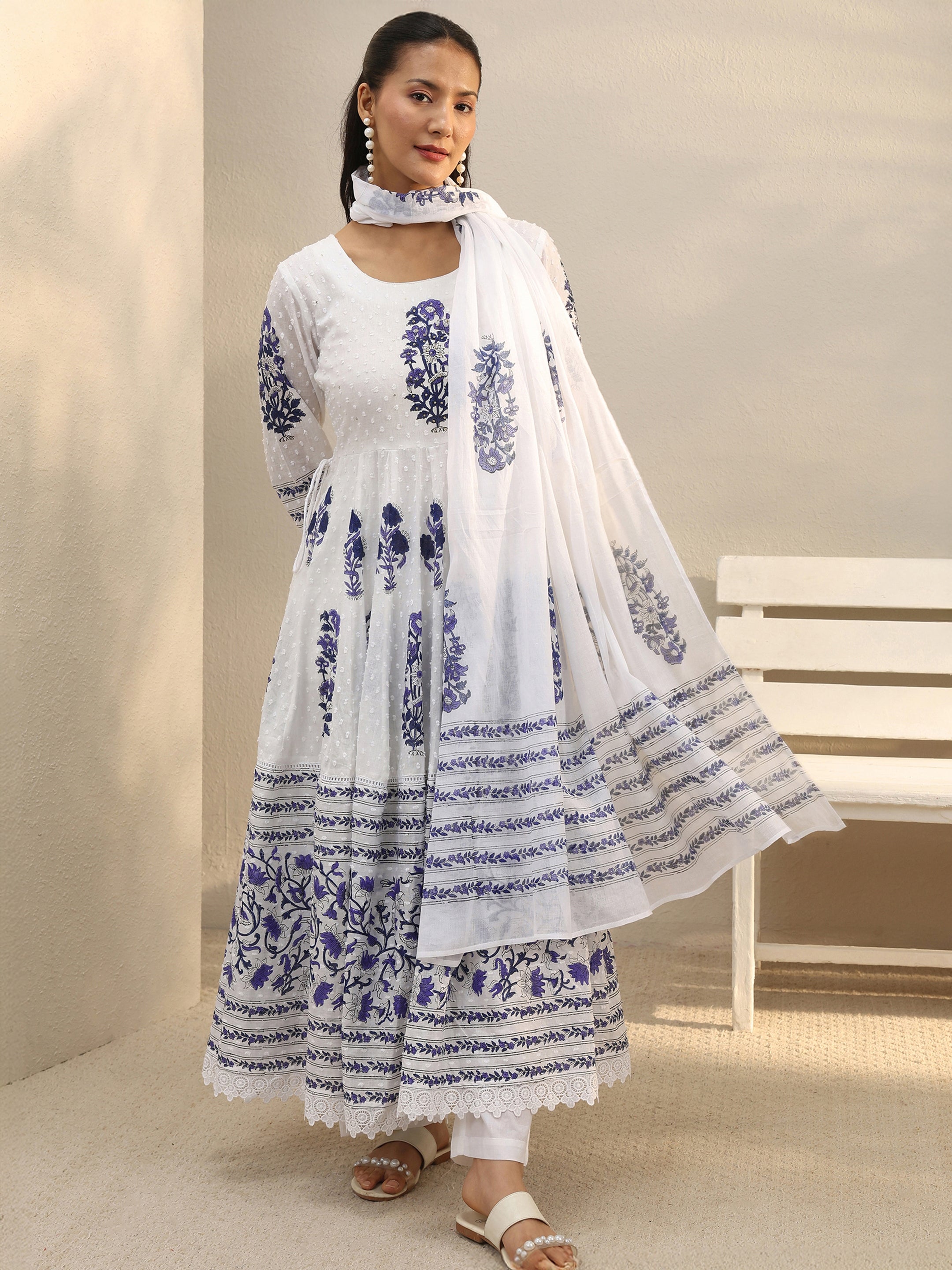 Libas White Floral Printed Cotton Anarkali Suit Set-picture-32