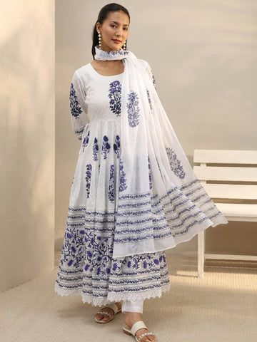 Libas White Floral Printed Cotton Anarkali Suit Set