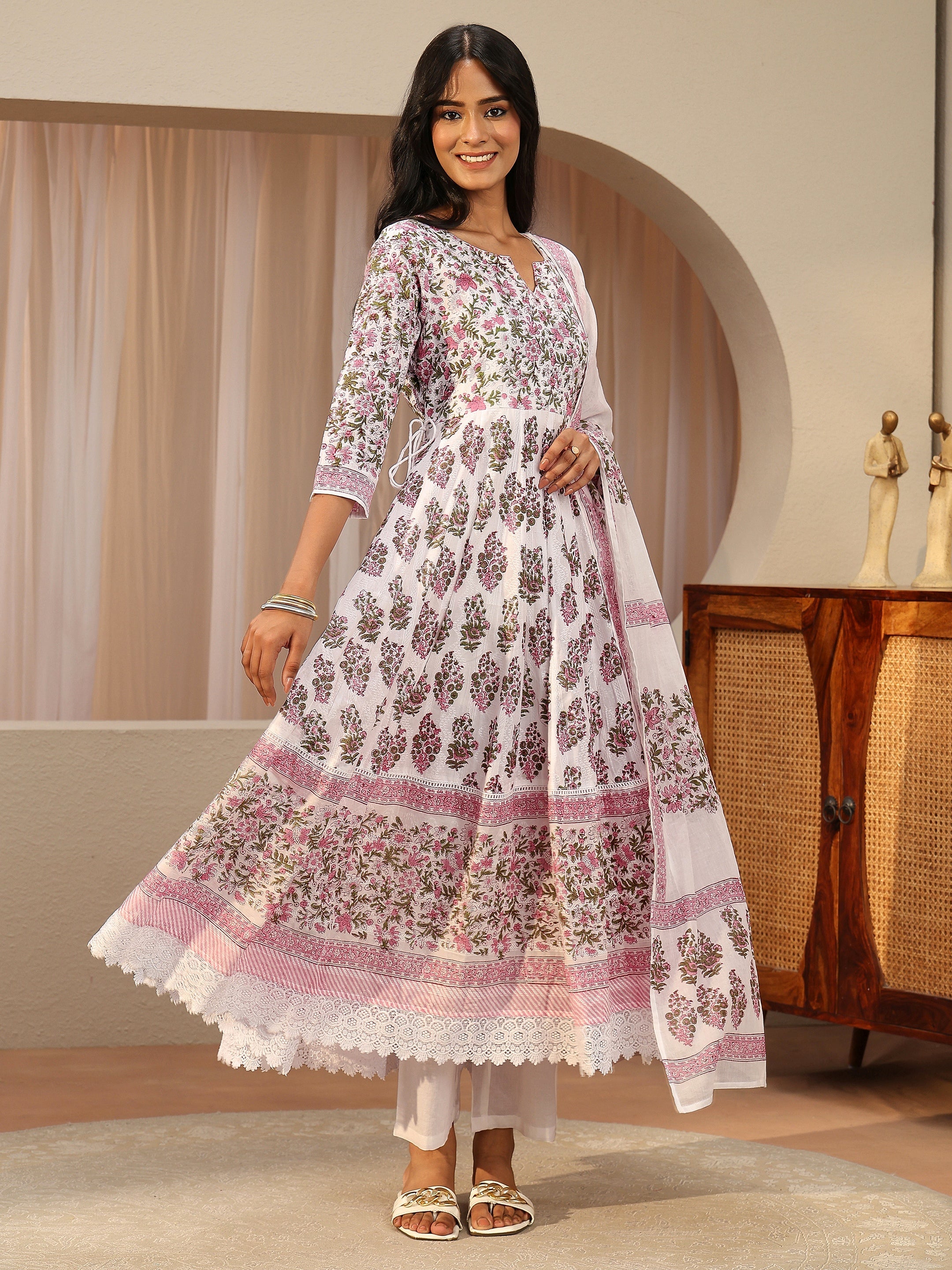 Libas White Floral Printed Cotton Anarkali Suit Set-picture-31
