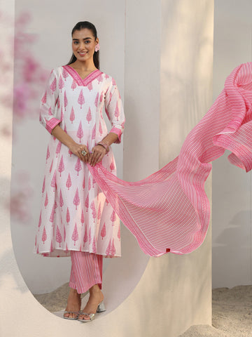 Libas White Floral Printed Cotton Blend A-Line Suit Set With Dupatta