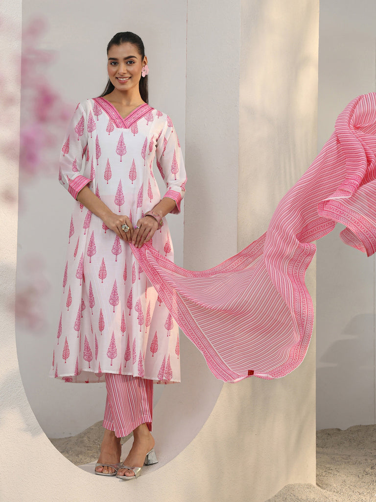 Libas White Floral Printed Cotton Blend A-Line Suit Set With Dupatta
