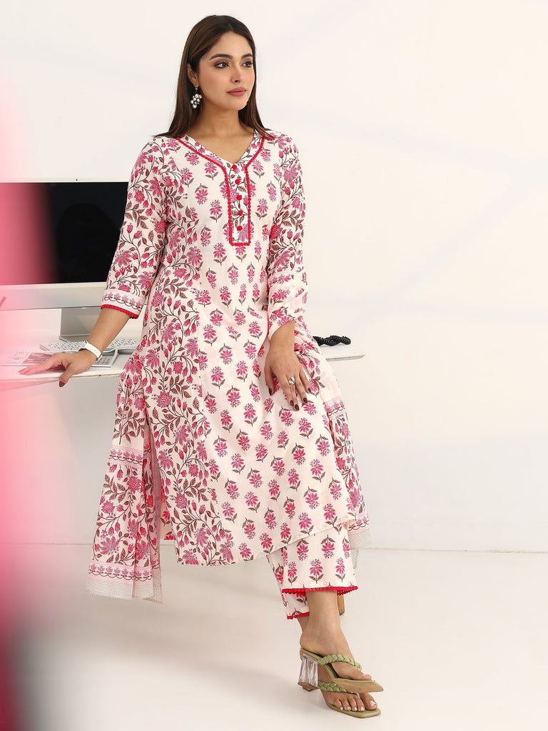 Gerua White Floral Printed Cotton Blend A-Line Suit Set With Dupatta