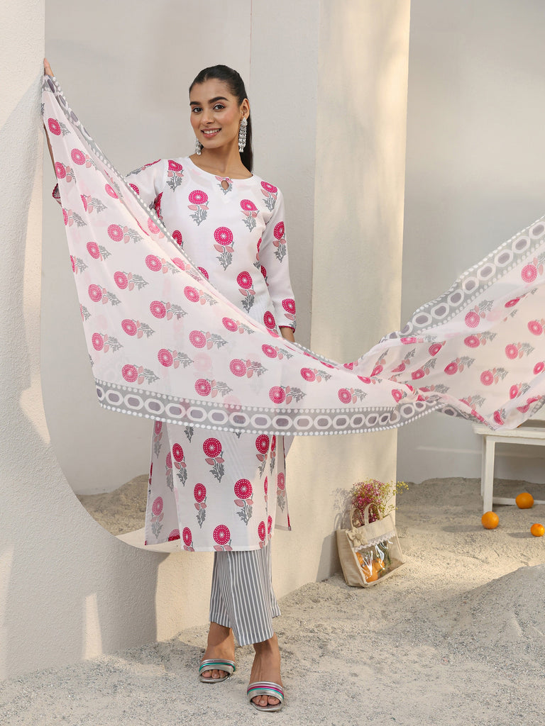 Libas White Floral Printed Cotton Blend Straight Suit Set With Dupatta