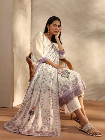 White Floral Printed Cotton Blend Straight Suit Set With Dupatta