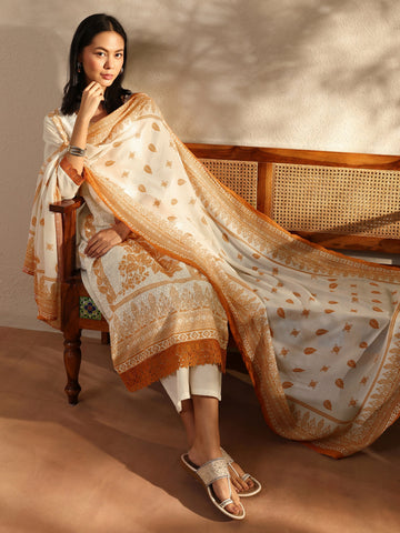 White Floral Printed Cotton Blend Straight Suit Set With Dupatta