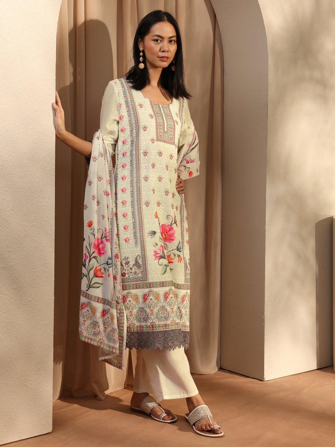 White Floral Printed Cotton Blend Straight Suit Set With Dupatta